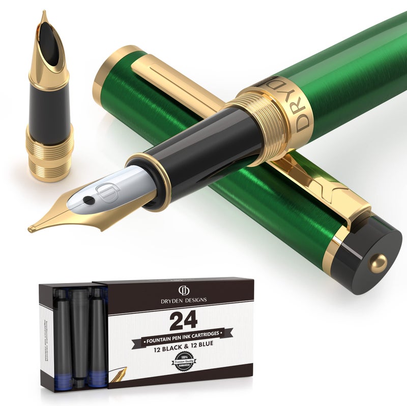 Dryden Designs Fountain Pen - Medium and Fine Nibs | Includes 24 Ink Cartridges and Ink Refill Converter | Calligraphy Pen, Consistent Writing, Smooth Flow - Emerald Green. - Image 1